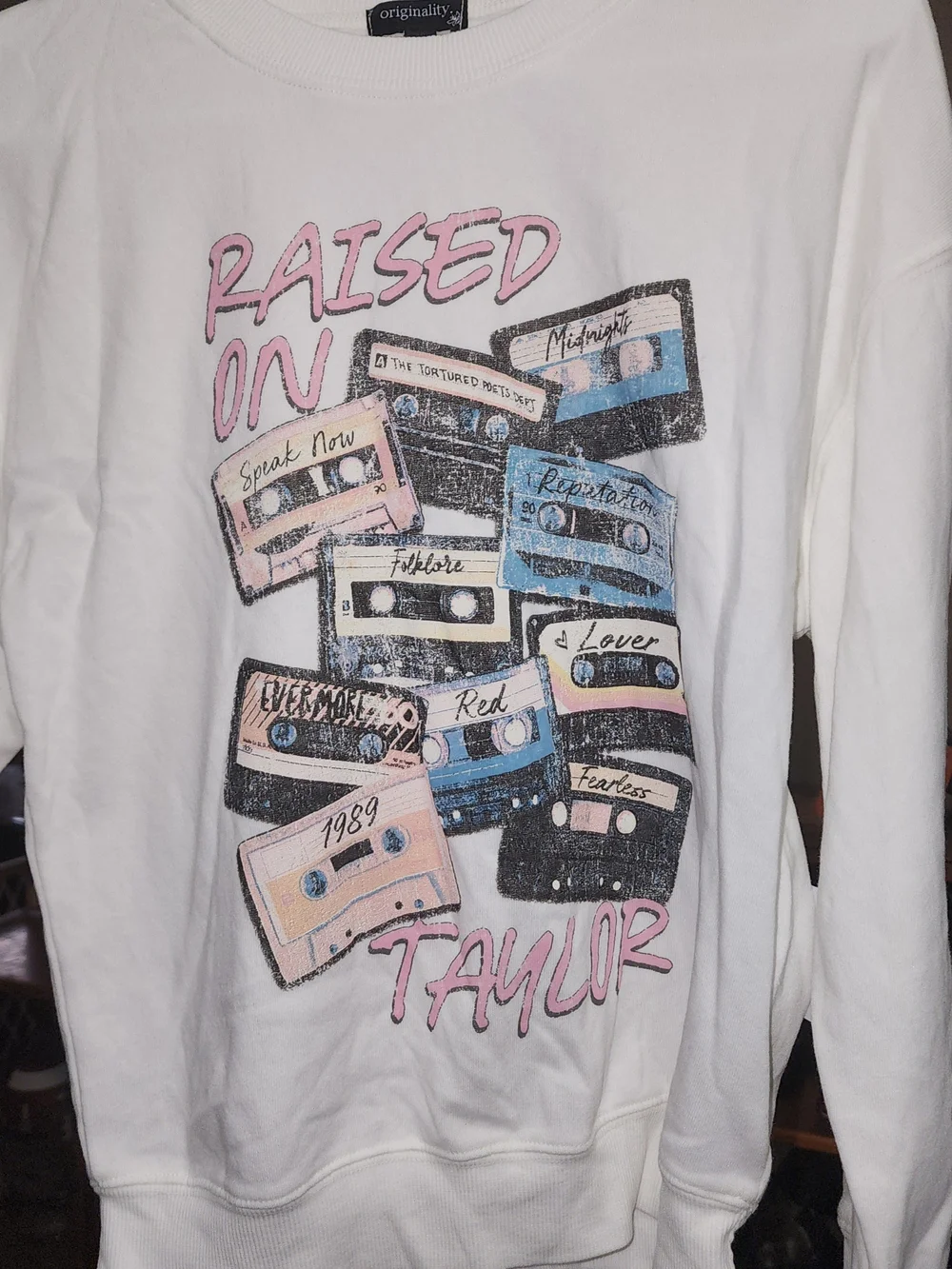 Raised On Taylor Kids Graphic Sweatshirt - White with Pink & Blue Sz Lrg NWT
